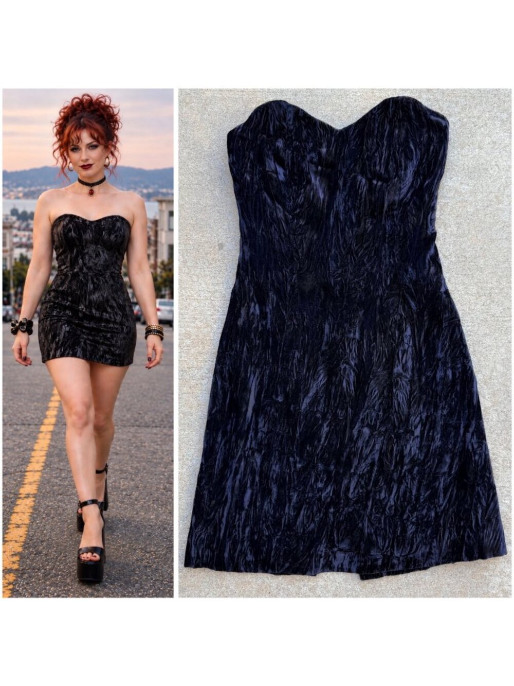 Vintage 70s 80s Goth Crushed Velvet Micro Mini Dress